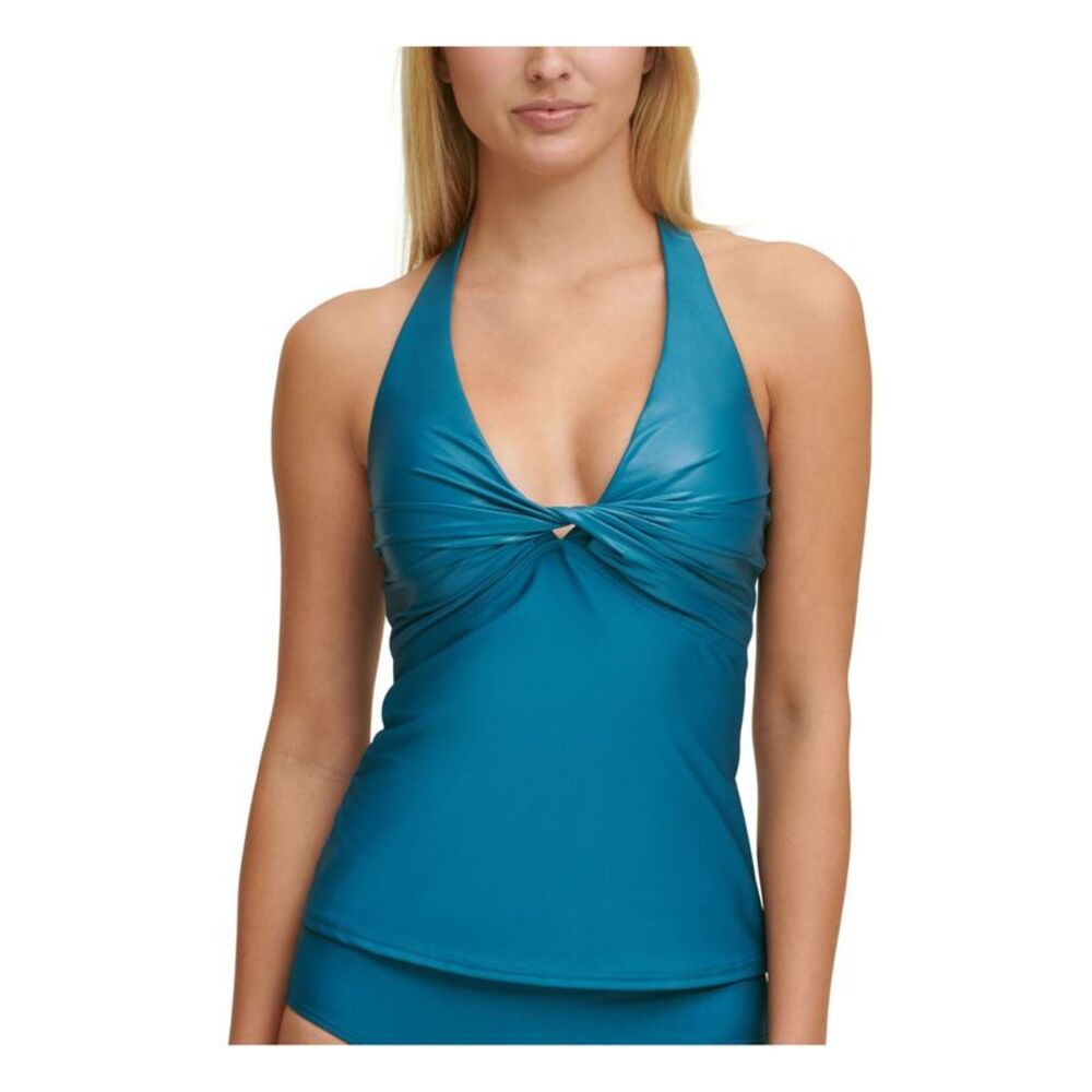 DKNY Women's Teal Removable Cups Tie Twist Front Halter Tankini Swimsuit Top M